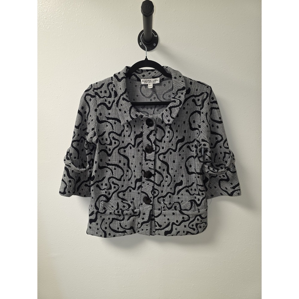 Andria Lieu Collection Black White Abstract Print Button Front Jacket Top Size L - Picture 1 of 7